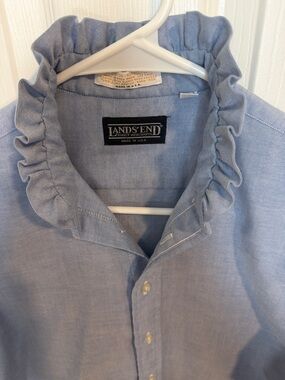 Vintage Chambray Ruffle Collar Blouse Long Sleeve Cottagecore Top Lands’ End USA